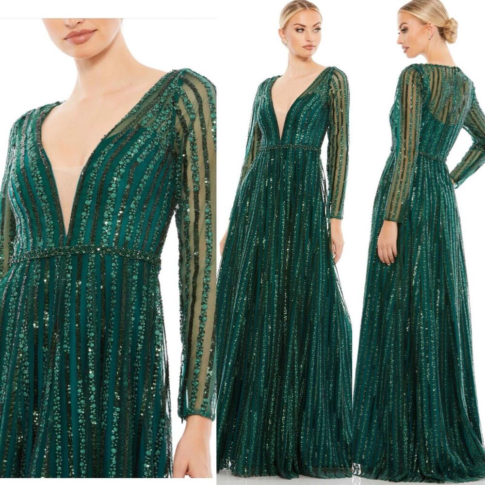 NWT $698 MAC DUGGAL SZ 8 PLUNGING STRIPED SEQUIN LONG SLEEVE GOWN EMERALD 11184